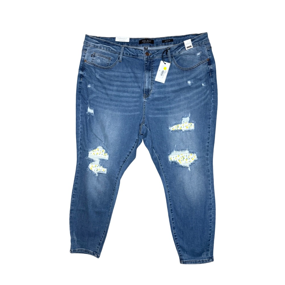 NWT Judy Blue Skinny Blue Jeans Women 24W Lemon Floral Patch Distressed